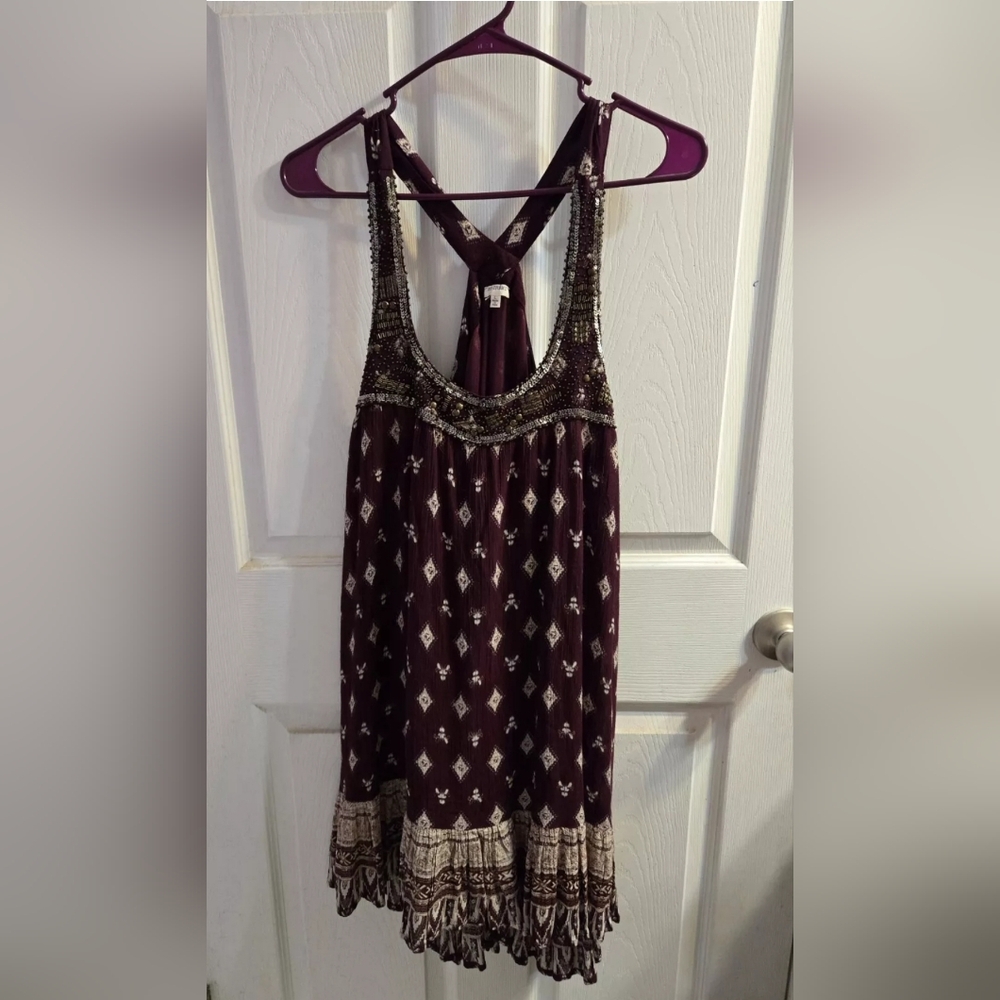 En Creme Anthropologie Burgundy Embroidered Boho Hippe Dress Size Large